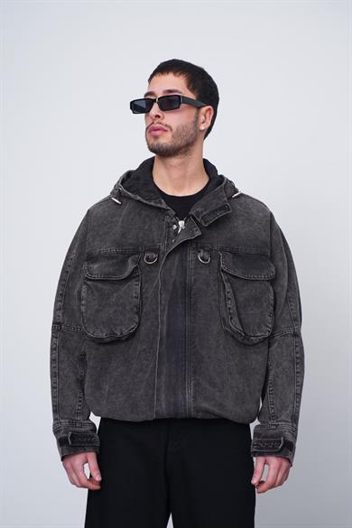 Antrasit Kapüşonlu Antrasit Erkek Denim Oversize Ceket