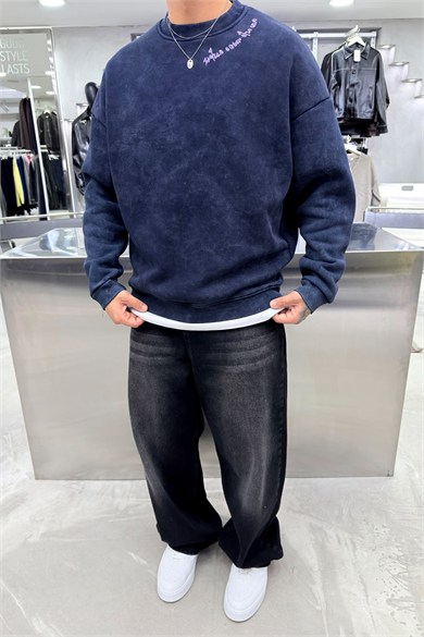 Antrasit Nakış Detaylı Yıkamalı Sweatshirt