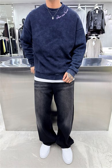 Antrasit Nakış Detaylı Yıkamalı Sweatshirt