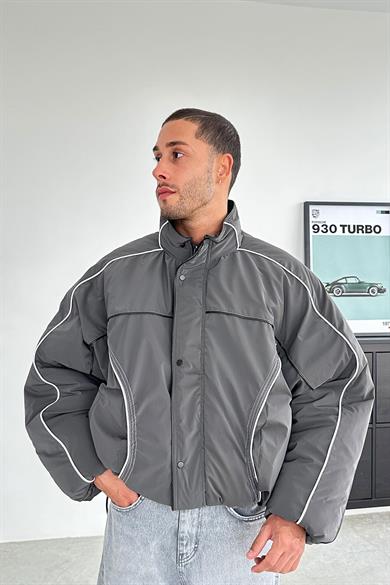 Antrasit Tasarım Şerit Detay Oversize Şişme Mont