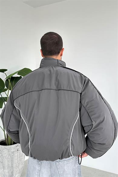 Antrasit Tasarım Şerit Detay Oversize Şişme Mont
