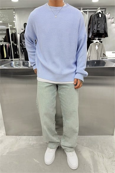 Bebe Mavi Fitilli Basic Boxy Kalıp Triko Kazak
