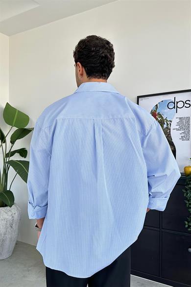 Bebe Mavi İnce Çizgili Yaka Nakış Detay Oversize Gömlek