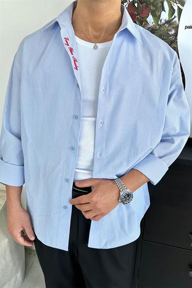 Bebe Mavi İnce Çizgili Yaka Nakış Detay Oversize Gömlek