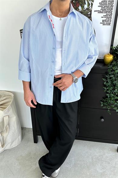 Bebe Mavi İnce Çizgili Yaka Nakış Detay Oversize Gömlek