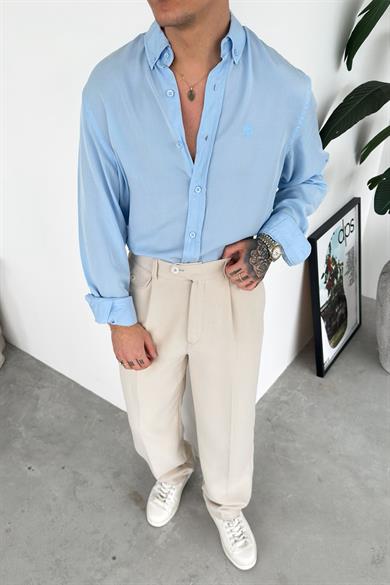 Bebe Mavi Nakışlı Oversize Modal Gömlek