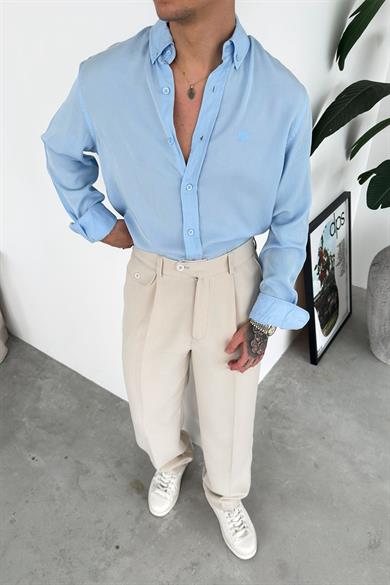 Bebe Mavi Nakışlı Oversize Modal Gömlek