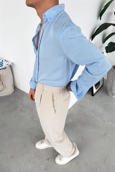 Bebe Mavi Nakışlı Oversize Modal Gömlek