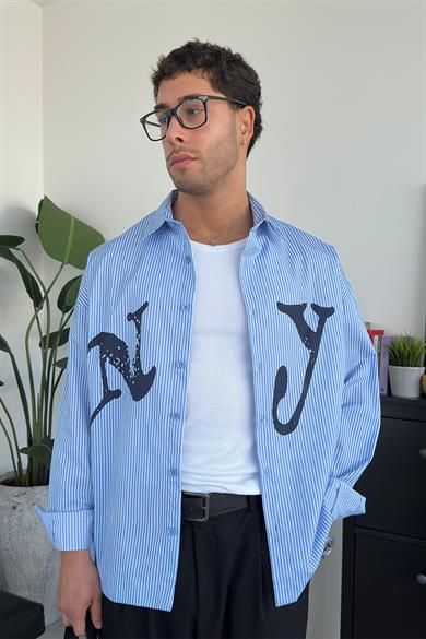 Bebe Mavi NY Baskılı Oversize Çizgili Gömlek