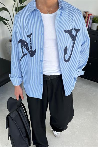 Bebe Mavi NY Baskılı Oversize Çizgili Gömlek