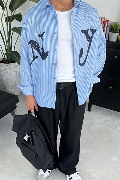 Bebe Mavi NY Baskılı Oversize Çizgili Gömlek