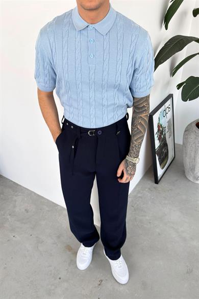 Bebe Mavi Örgü Desen Relaxed Triko Polo Yaka Tişört