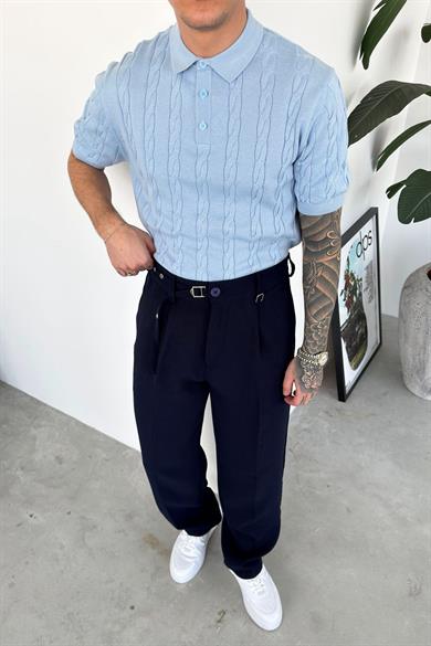 Bebe Mavi Örgü Desen Relaxed Triko Polo Yaka Tişört