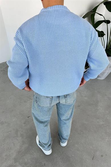 Bebe Mavi Örme Desen Oversize Triko Kazak