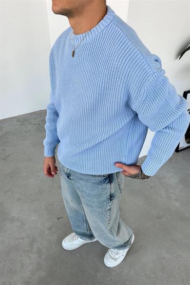 Bebe Mavi Örme Desen Oversize Triko Kazak