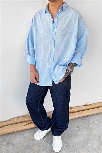 Bebe Mavi Oversize Fresh Keten Gömlek