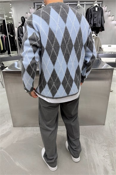 Bebe Mavi Retro Soft Line Baklava Desenli Kazak