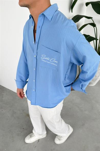 Bebe Mavi Santa Nakış Çizgili Gömlek