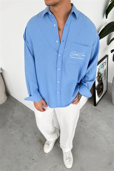 Bebe Mavi Santa Nakış Çizgili Gömlek