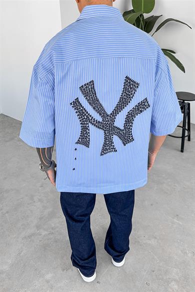 Bebe Mavi Sırt Baskılı Detay Çizgili Oversize Gömlek