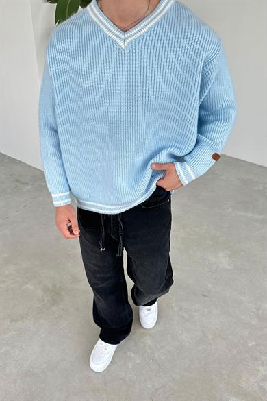 Bebe Mavi V Yaka Triko Oversize Kazak