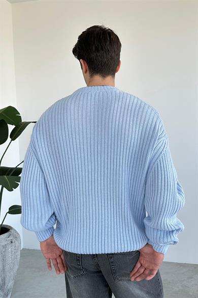 Bebe Mavisi Bisiklet Yaka Fitilli Oversize Triko Kazak