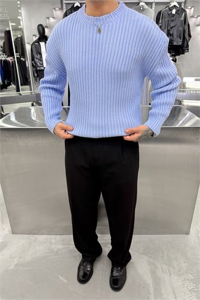 Bebe Mavisi Bisiklet Yaka Fitilli Oversize Triko Kazak