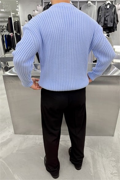 Bebe Mavisi Bisiklet Yaka Fitilli Oversize Triko Kazak