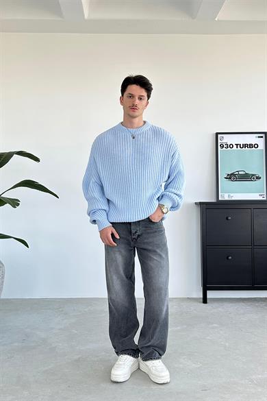 Bebe Mavisi Bisiklet Yaka Fitilli Oversize Triko Kazak