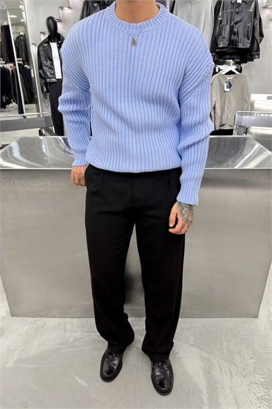Bebe Mavisi Bisiklet Yaka Fitilli Oversize Triko Kazak