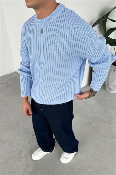Bebe Mavisi Bisiklet Yaka Fitilli Oversize Triko Kazak
