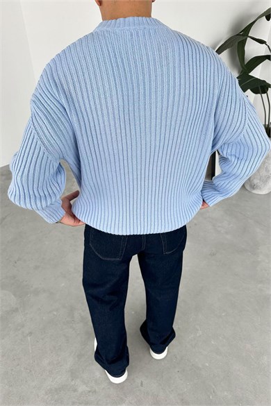 Bebe Mavisi Bisiklet Yaka Fitilli Oversize Triko Kazak