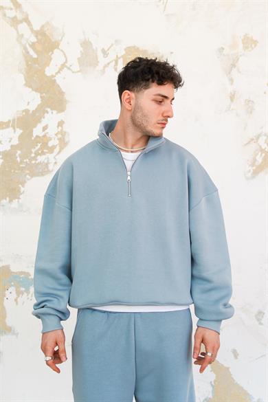 Bebe Mavisi Cozy Basic Yarım Fermuar Oversize Sweatshirt