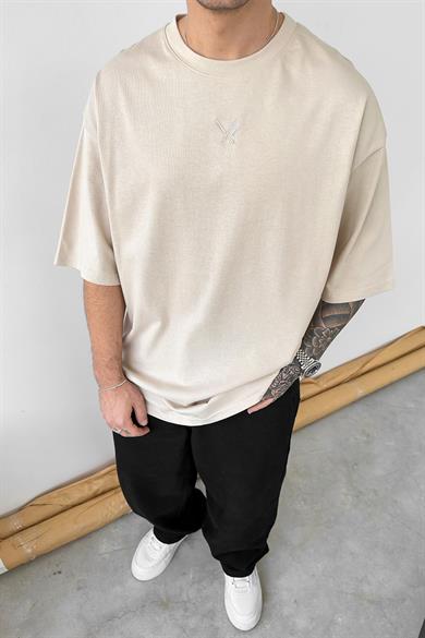 Bej Atletique Baskılı Oversize Tişört