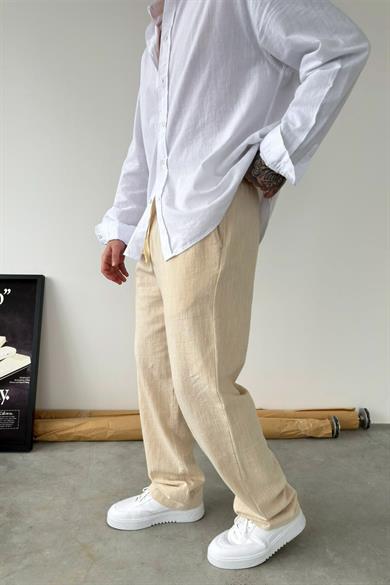 Bej Baggy Keten Pantolon