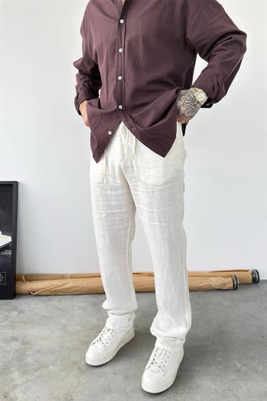 Bej Basic Baggy Keten Pantolon