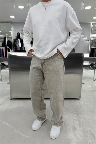 Bej Basic Baggy Pantolon