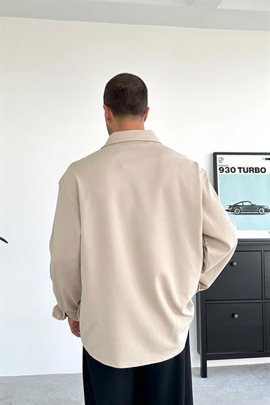 Bej Basic Oversize Gabardin Gömlek