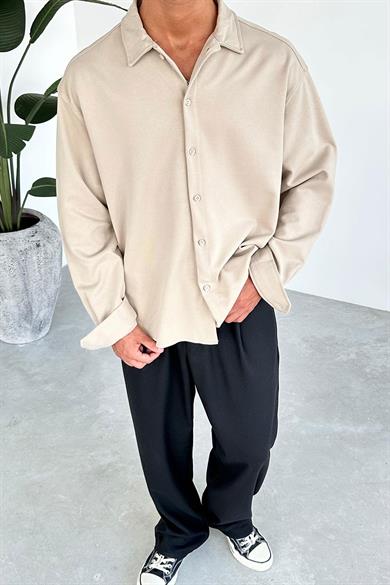 Bej Basic Oversize Gabardin Gömlek