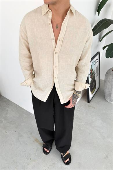 Bej Basic Relaxed Ham Keten Gömlek