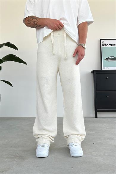 Bej Beli İp Detay Örme Baggy Pantolon