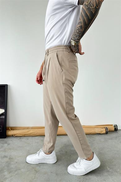 Bej Beli İp Detaylı Regular Fit Kumaş Pantolon