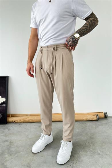 Bej Beli İp Detaylı Regular Fit Kumaş Pantolon