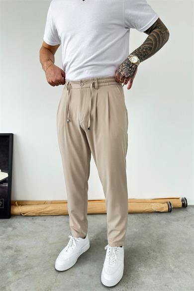 Bej Beli İp Detaylı Regular Fit Kumaş Pantolon