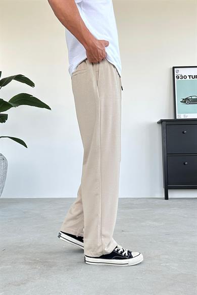 Bej Beli Lastik Detay Gabardin Baggy Pantolon