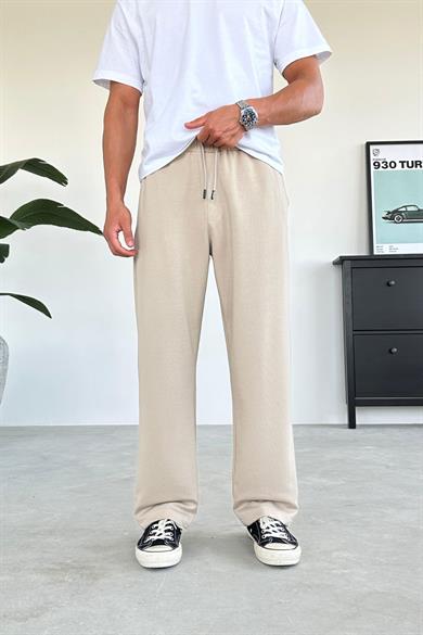 Bej Beli Lastik Detay Gabardin Baggy Pantolon