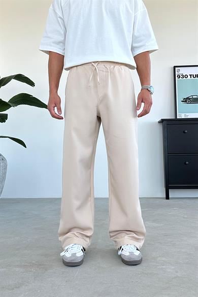 Bej Beli Lastikli Baggy Kumaş Pantolon
