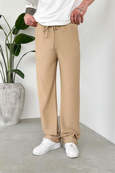 Bej Beli Lastikli Fitilli Baggy Pantolon