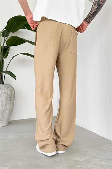 Bej Beli Lastikli Fitilli Baggy Pantolon