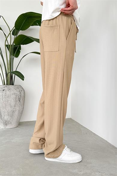 Bej Beli Lastikli Fitilli Baggy Pantolon